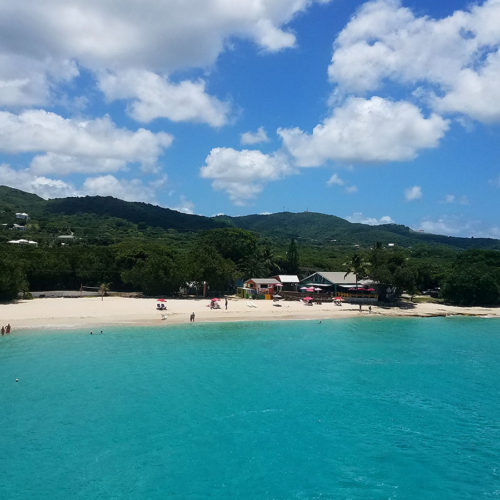 A beach with people swimming in the water