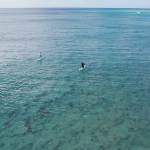 A person is swimming in the ocean on their surfboard.